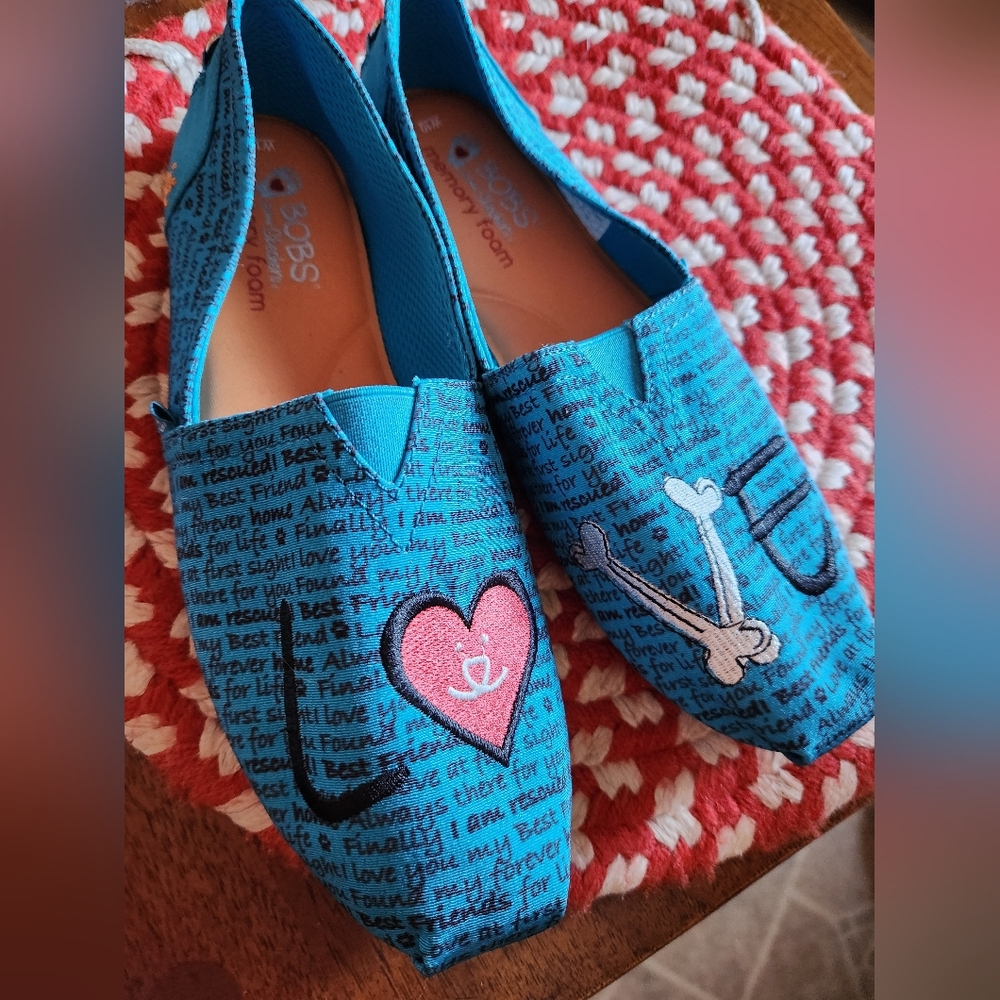 BOBS From Sketchers  Blue Slip-On Shoes with Heart and Bone Design
